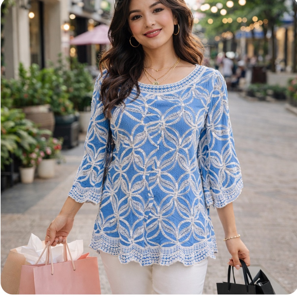 Vintage Blue & White Embroidered Top